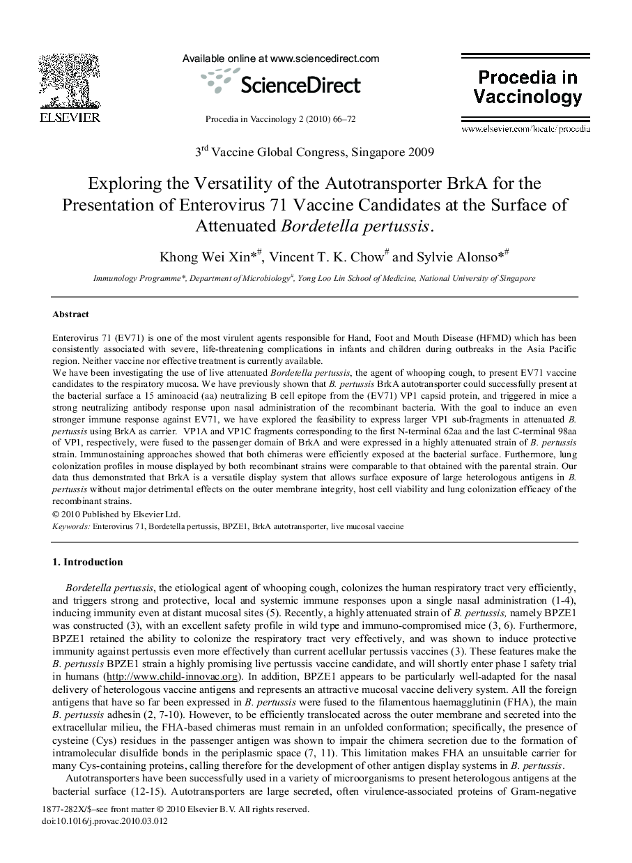 Exploring the Versatility of the Autotransporter BrkA for the Presentation of Enterovirus 71 Vaccine Candidates at the Surface of Attenuated Bordetella pertussis