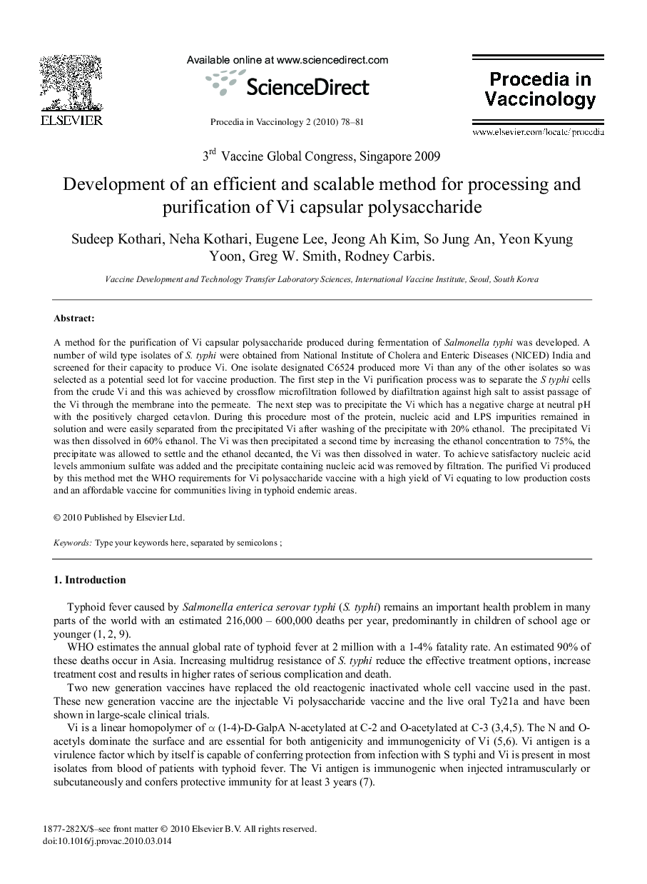 Development of an efficient and scalable method for processing and purification of Vi capsular polysaccharide