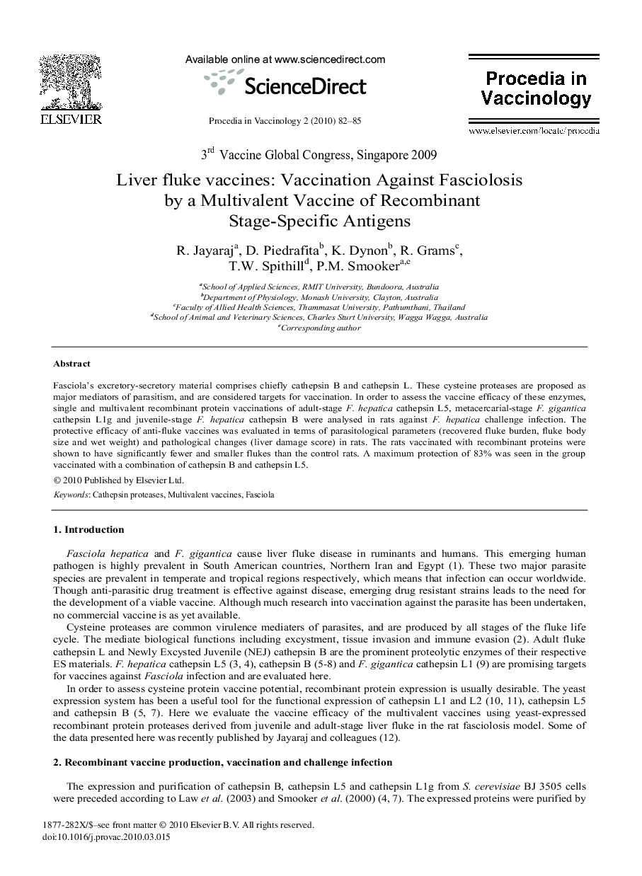 Liver fluke vaccines: Vaccination Against Fasciolosis by a Multivalent Vaccine of Recombinant Stage-Specific Antigens