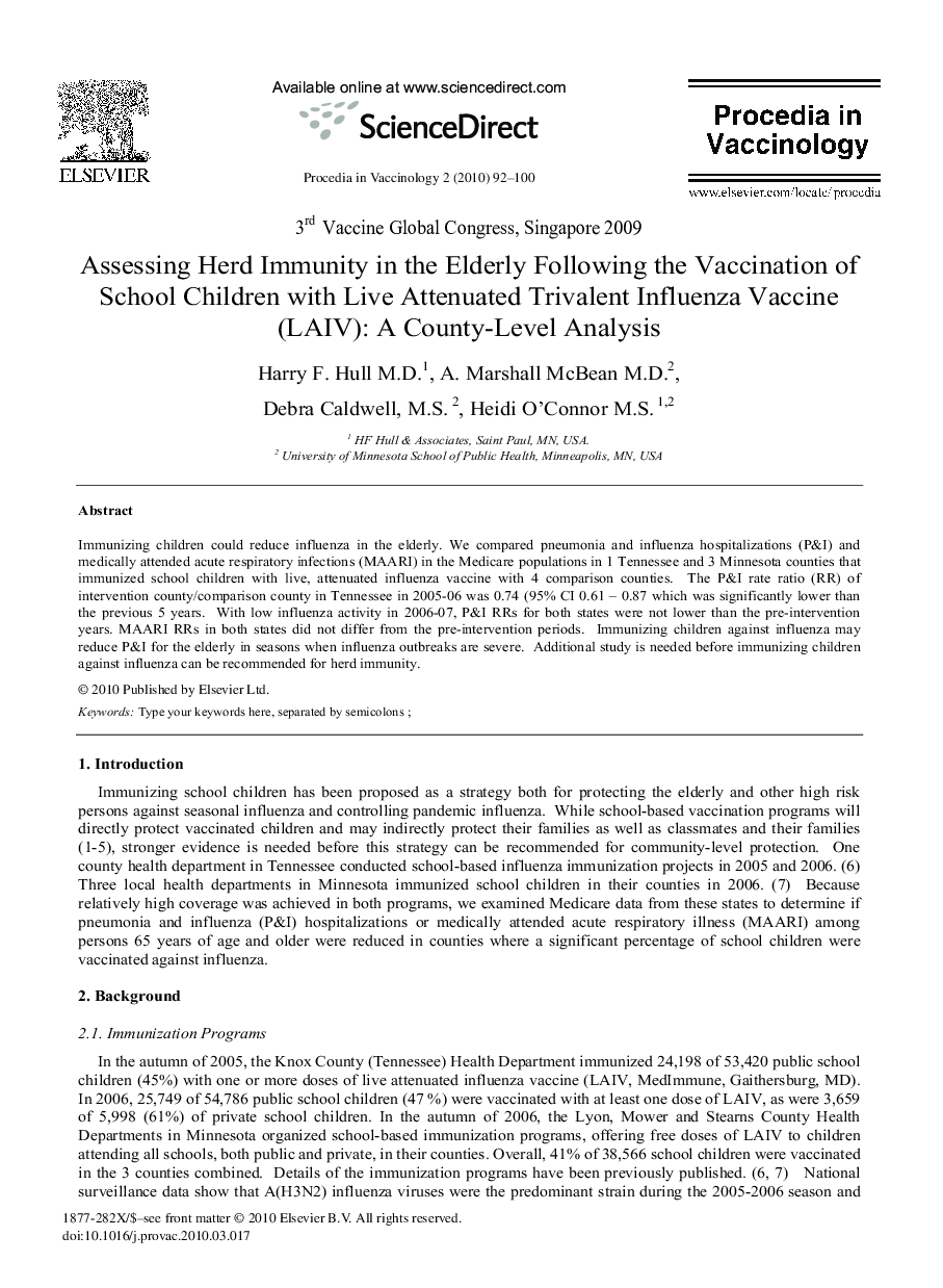 Assessing Herd Immunity in the Elderly Following the Vaccination of School Children with Live Attenuated Trivalent Influenza Vaccine (LAIV): A County-Level Analysis