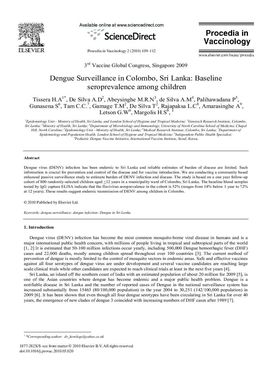 Dengue Surveillance in Colombo, Sri Lanka: Baseline seroprevalence among children