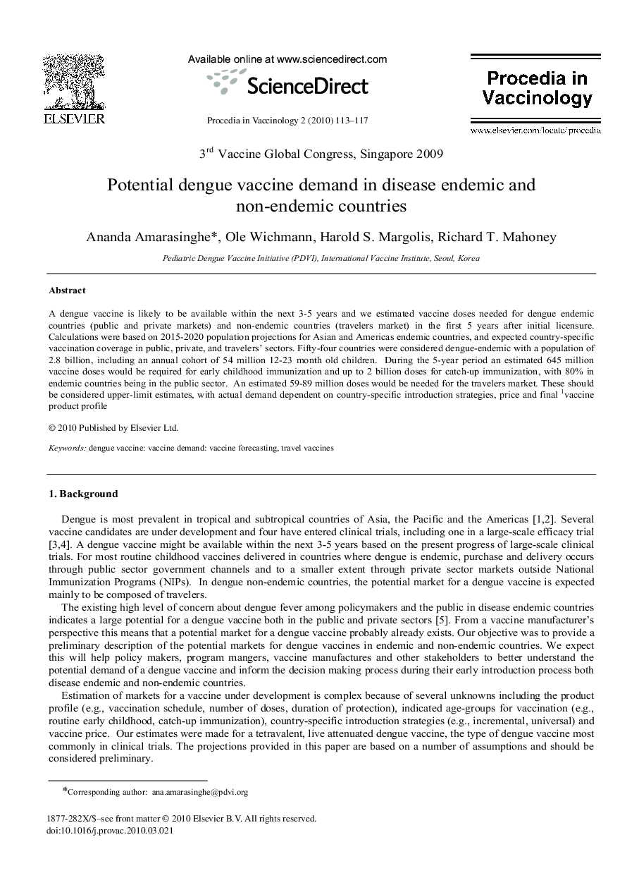 Potential dengue vaccine demand in disease endemic and non-endemic countries