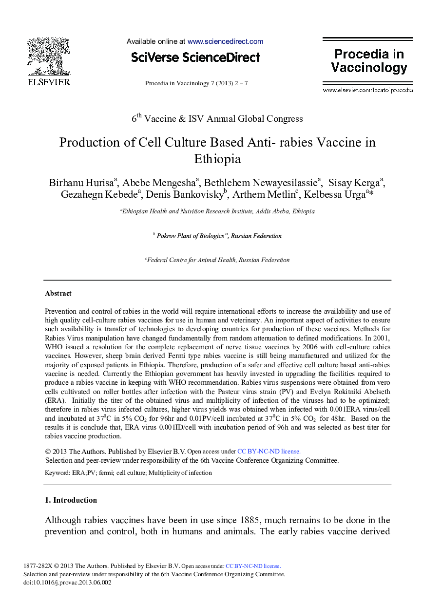 Production of Cell Culture Based Anti- rabies Vaccine in Ethiopia 