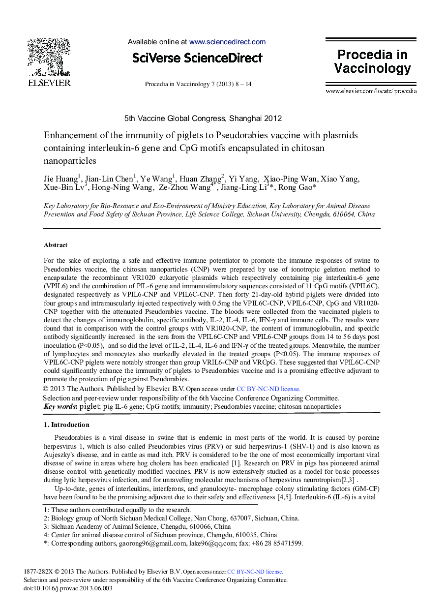 Enhancement of the Immunity of Piglets to Pseudorabies Vaccine with Plasmids Containing Interleukin-6 Gene and CpG Motifs Encapsulated in Chitosan Nanoparticles 