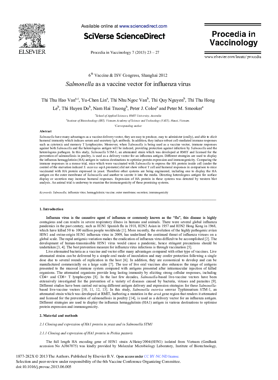 Salmonella as a Vaccine Vector for Influenza Virus 