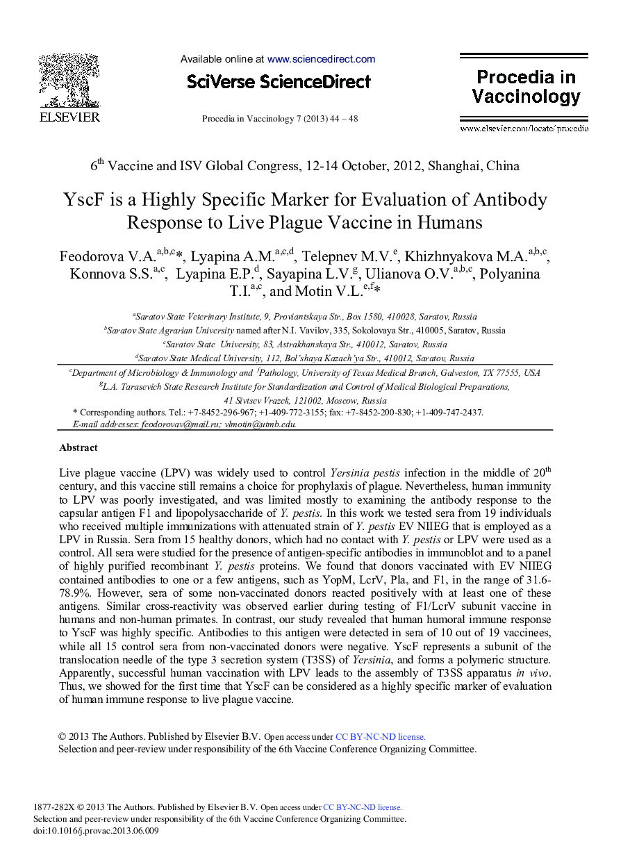 YscF is a Highly Specific Marker for Evaluation of Antibody Response to Live Plague Vaccine in Humans 