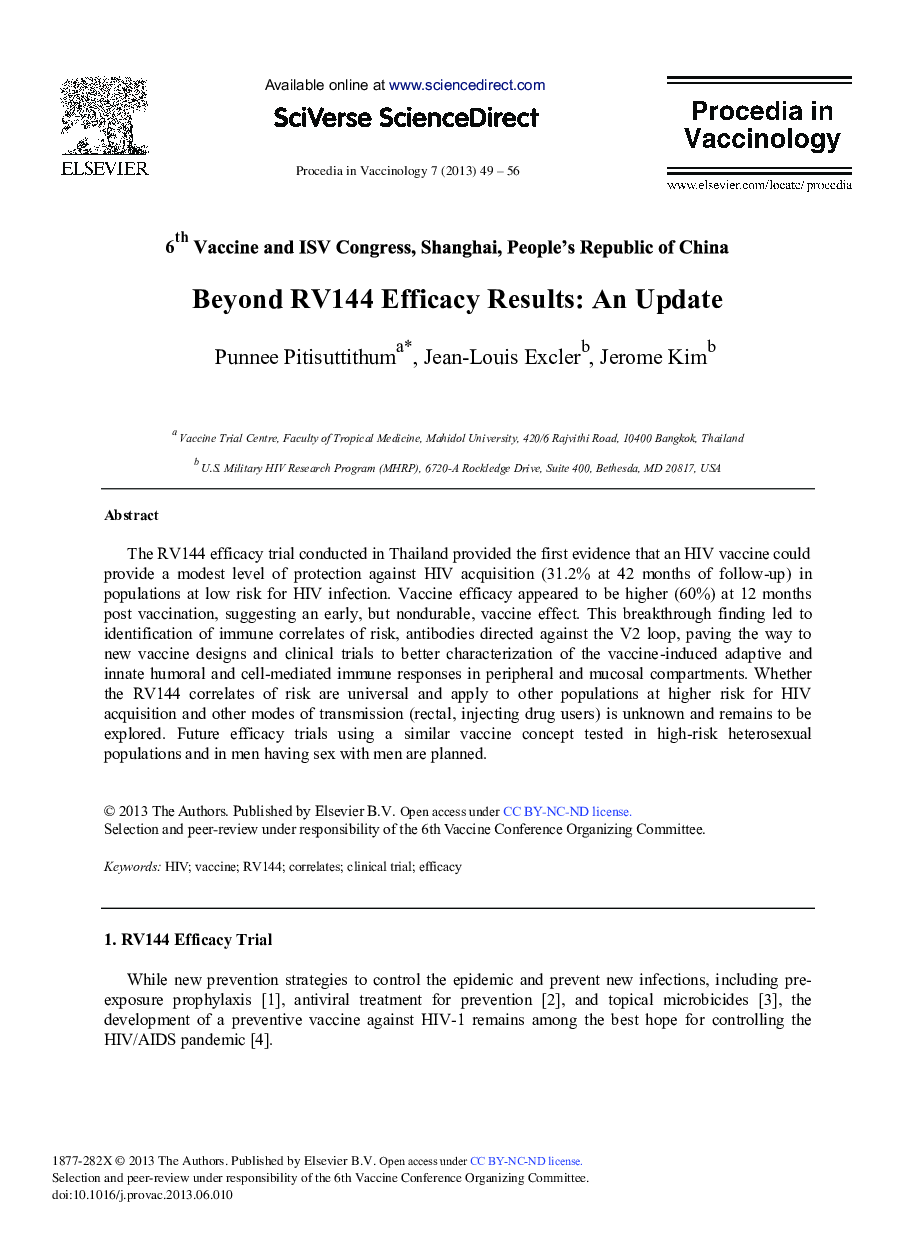 Beyond RV144 Efficacy Results: An Update 