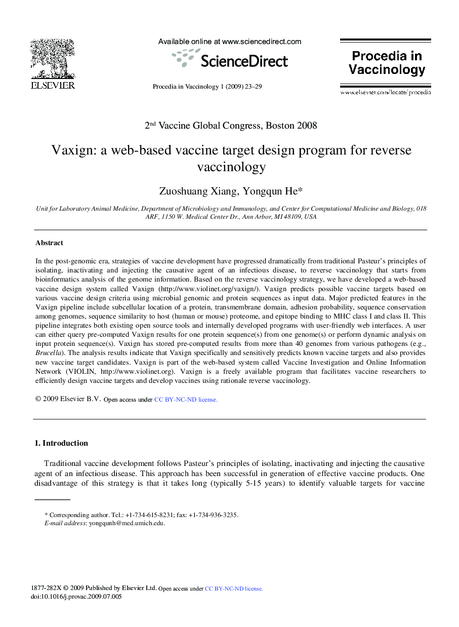 Vaxign: a web-based vaccine target design program for reverse vaccinology