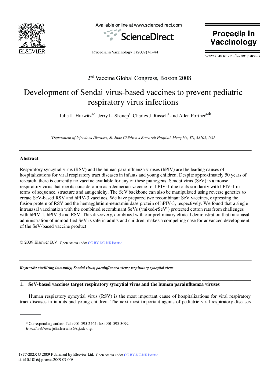 Development of Sendai virus-based vaccines to prevent pediatric respiratory virus infections