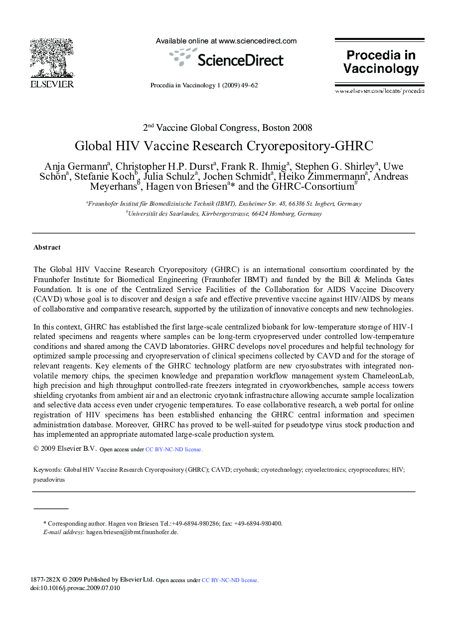 Global HIV Vaccine Research Cryorepository-GHRC