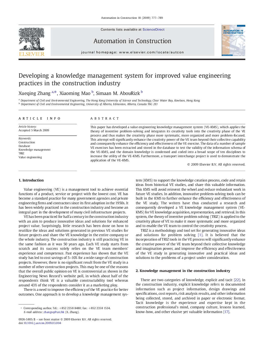 Developing a knowledge management system for improved value engineering practices in the construction industry