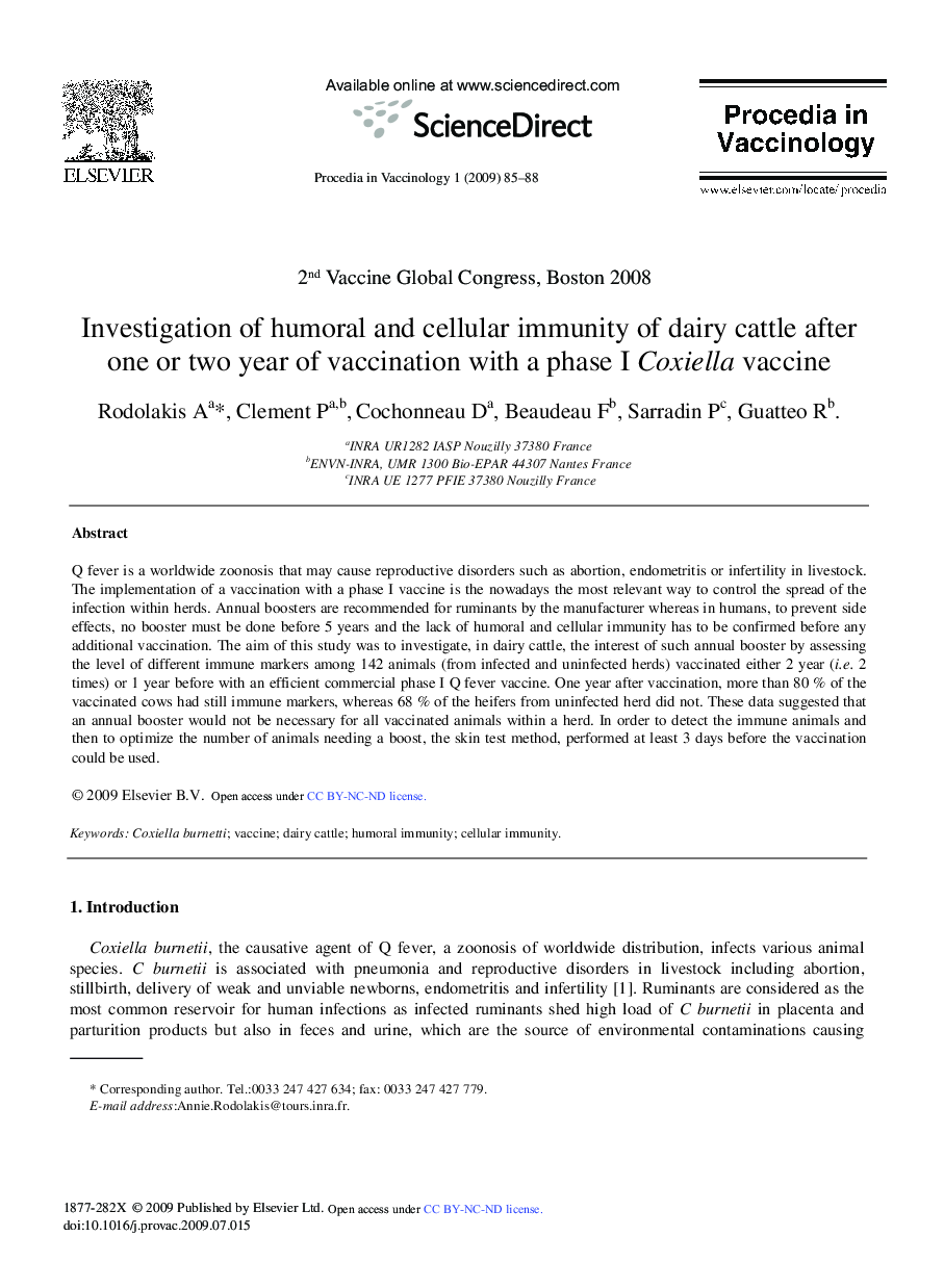 Investigation of humoral and cellular immunity of dairy cattle after one or two year of vaccination with a phase I Coxiella vaccine