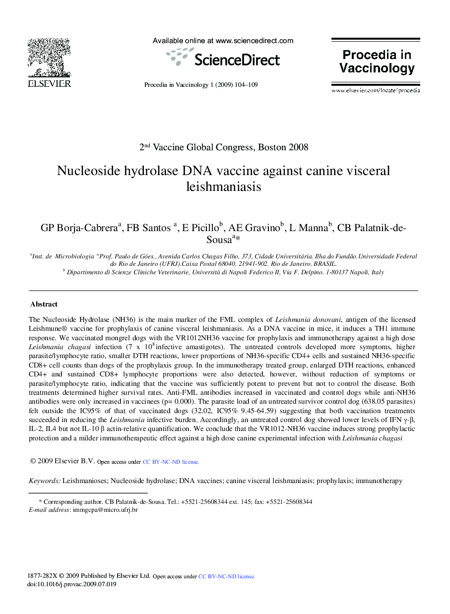 Nucleoside hydrolase DNA vaccine against canine visceral leishmaniasis