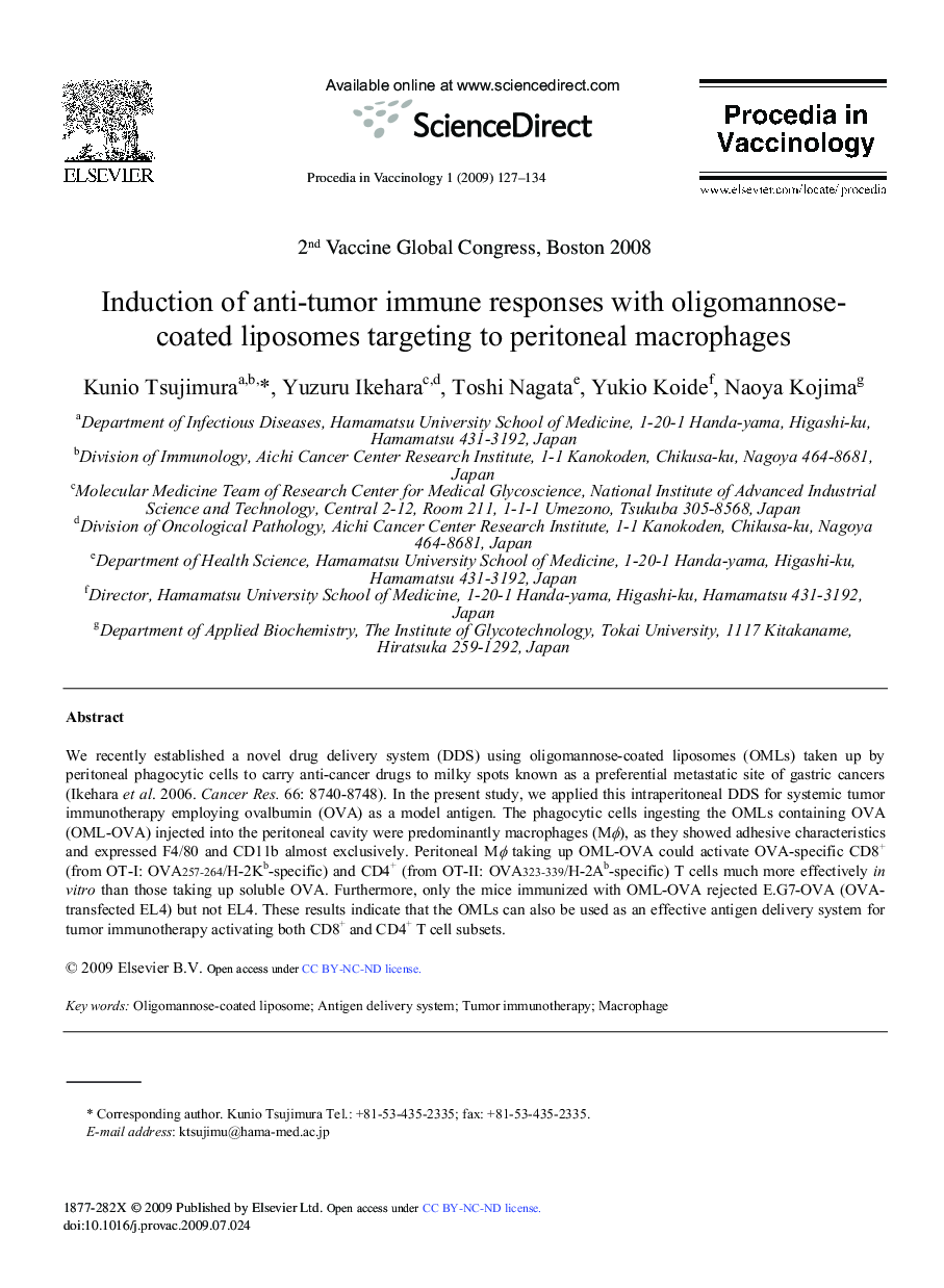 Induction of anti-tumor immune responses with oligomannose-coated liposomes targeting to peritoneal macrophages