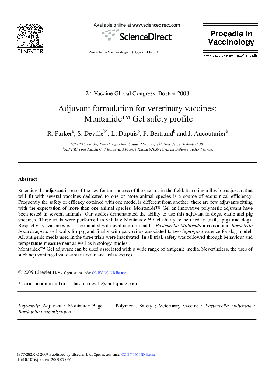 Adjuvant formulation for veterinary vaccines: Montanide™ Gel safety profile