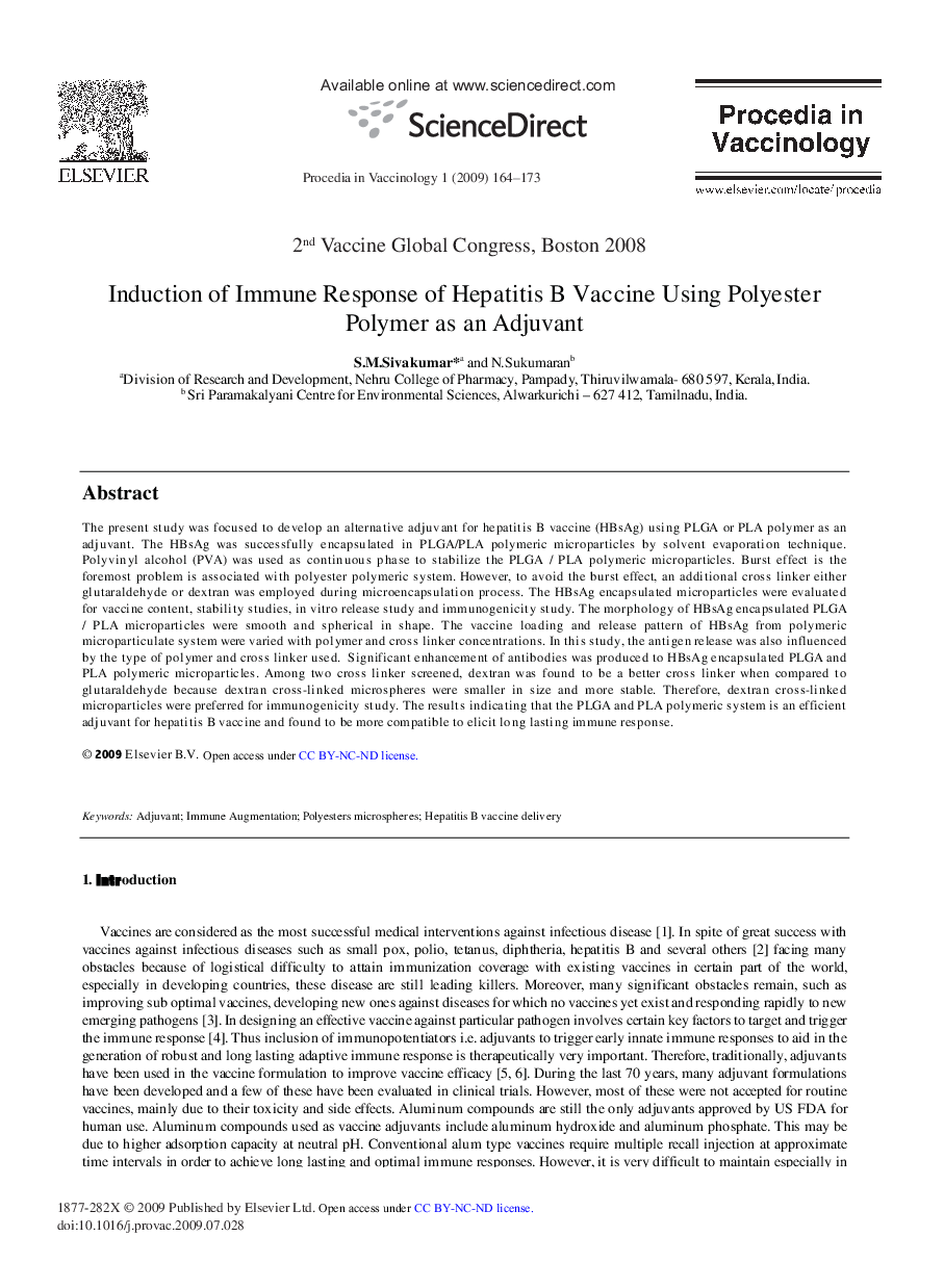 Induction of Immune Response of Hepatitis B Vaccine Using Polyester Polymer as an Adjuvant