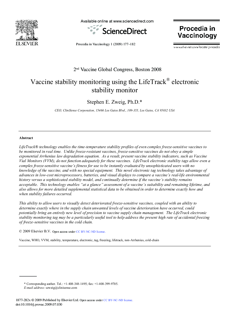 Vaccine stability monitoring using the LifeTrack® electronic stability monitor