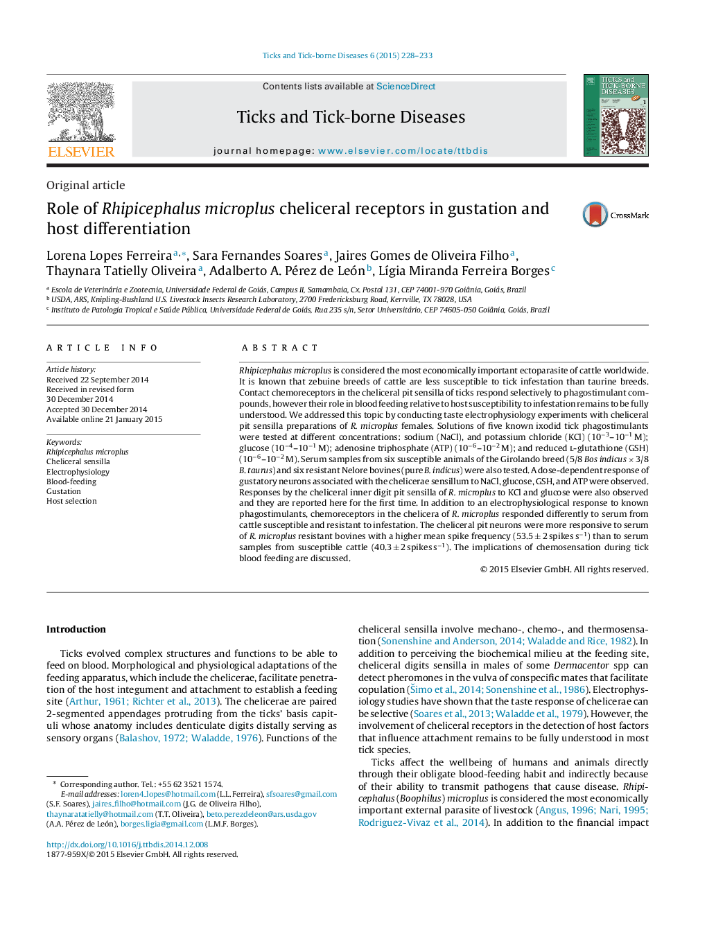 Role of Rhipicephalus microplus cheliceral receptors in gustation and host differentiation