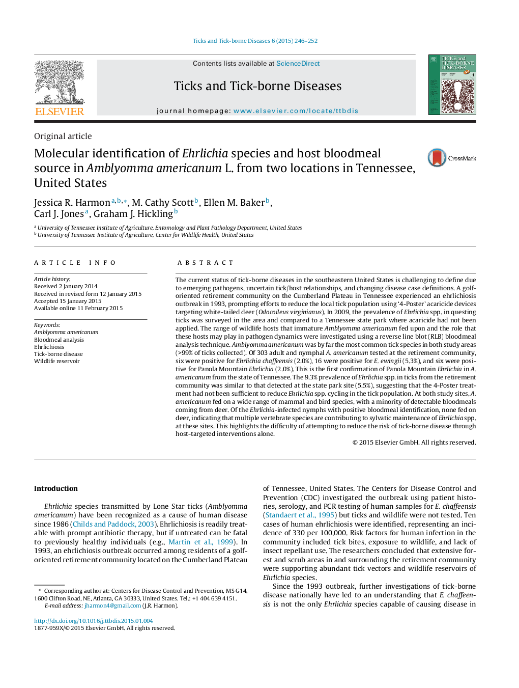 Molecular identification of Ehrlichia species and host bloodmeal source in Amblyomma americanum L. from two locations in Tennessee, United States