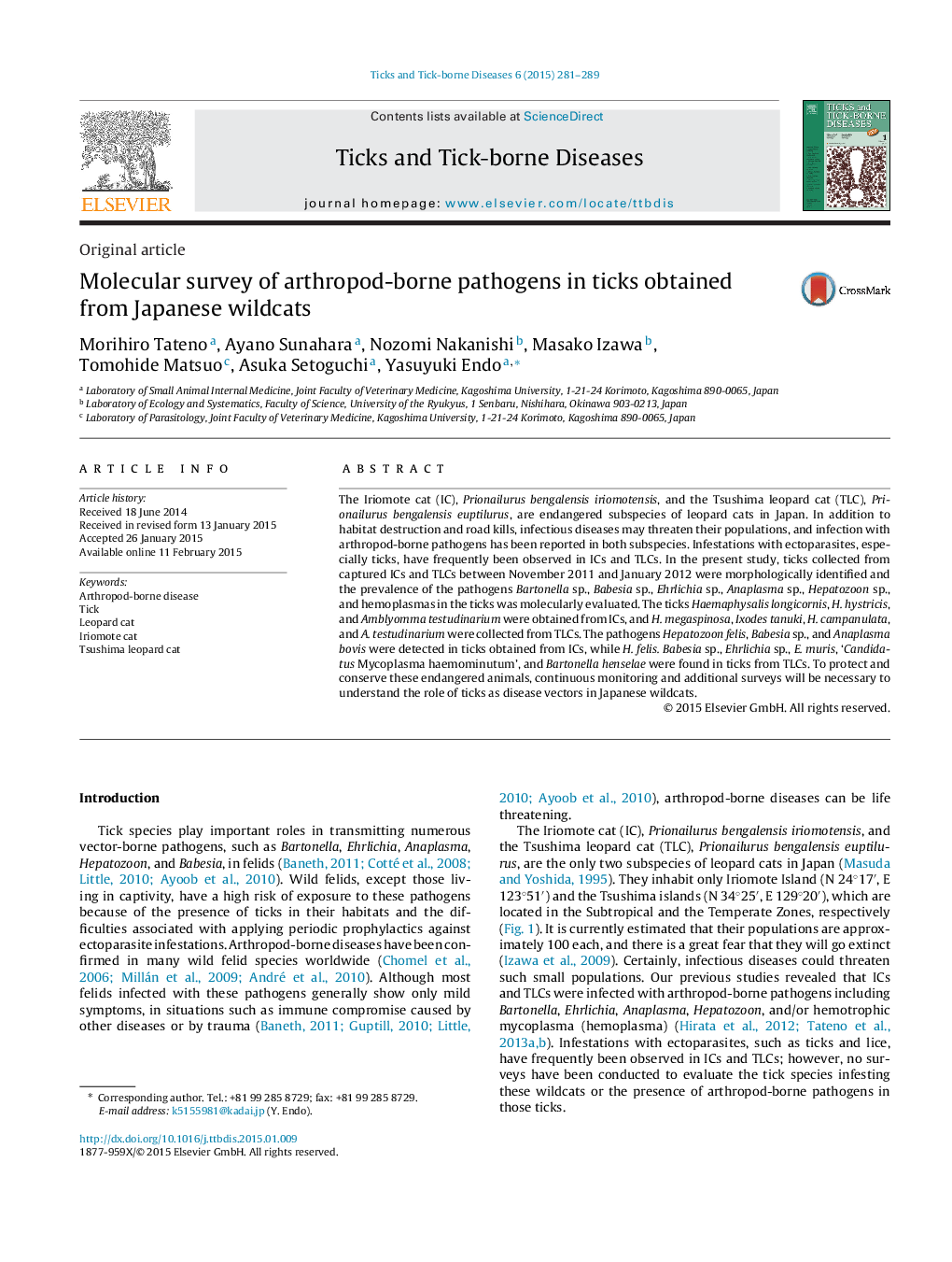 Molecular survey of arthropod-borne pathogens in ticks obtained from Japanese wildcats