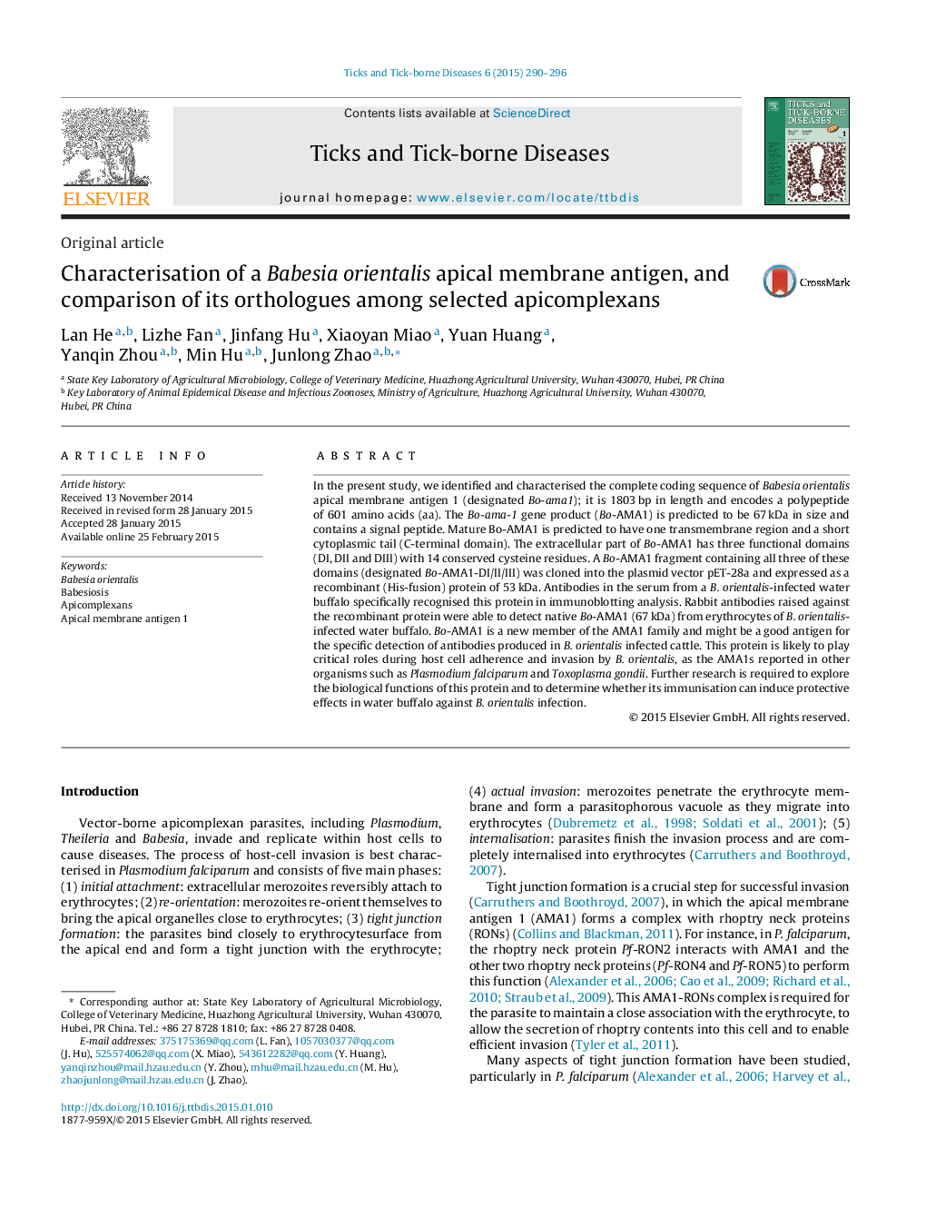 Characterisation of a Babesia orientalis apical membrane antigen, and comparison of its orthologues among selected apicomplexans