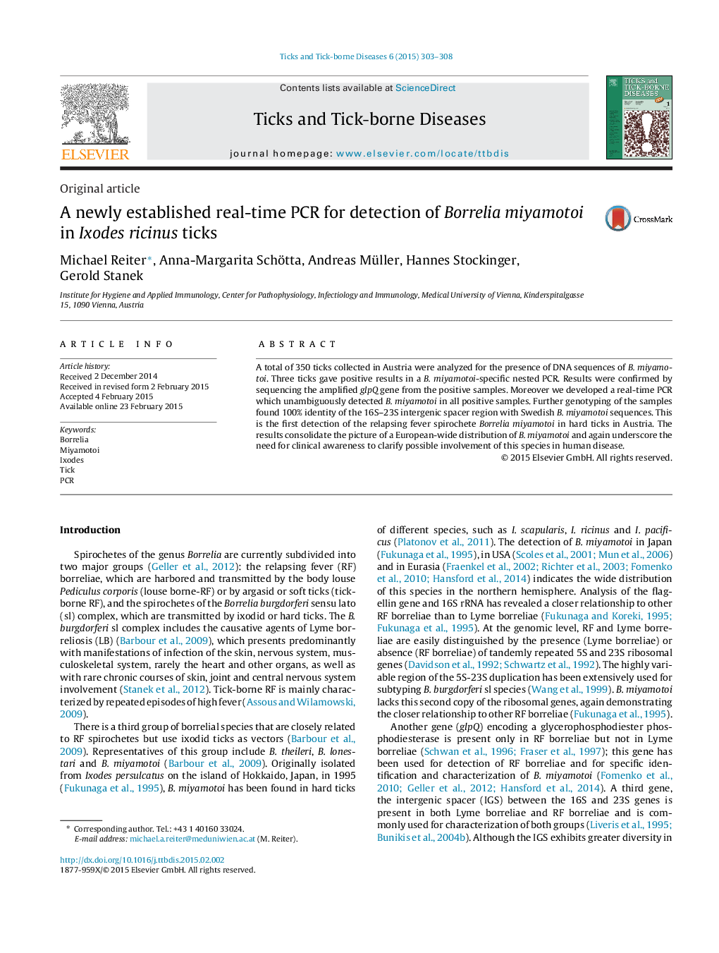 A newly established real-time PCR for detection of Borrelia miyamotoi in Ixodes ricinus ticks