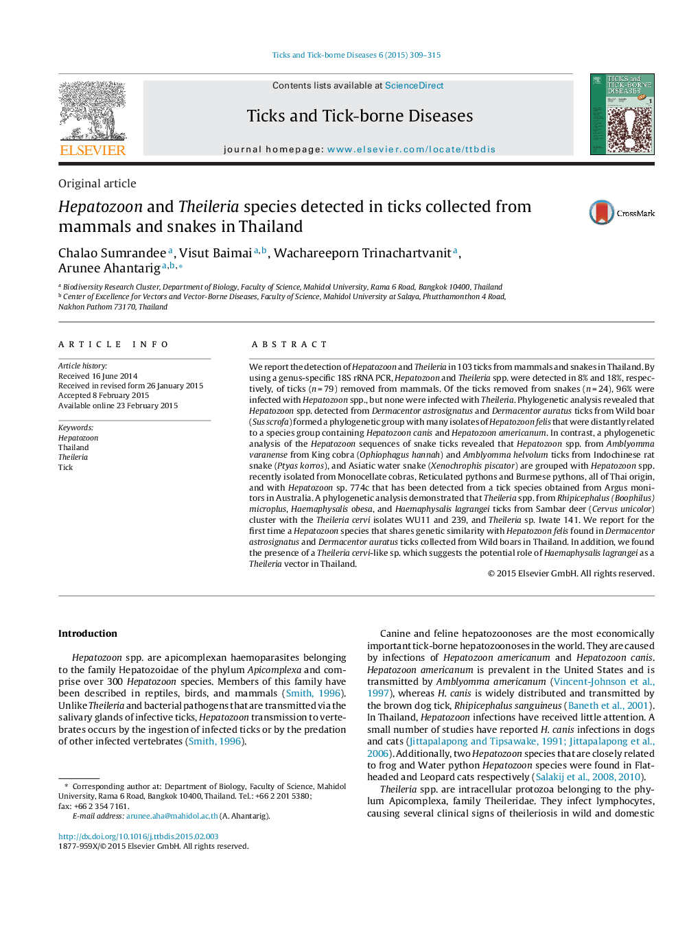 Hepatozoon and Theileria species detected in ticks collected from mammals and snakes in Thailand