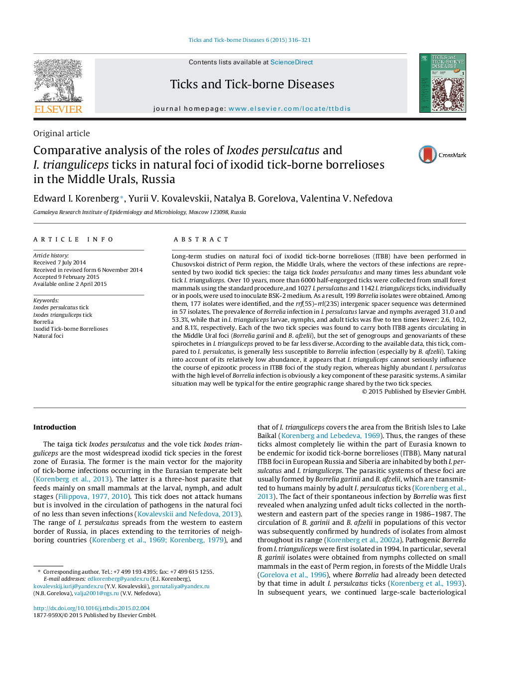 Comparative analysis of the roles of Ixodes persulcatus and I. trianguliceps ticks in natural foci of ixodid tick-borne borrelioses in the Middle Urals, Russia