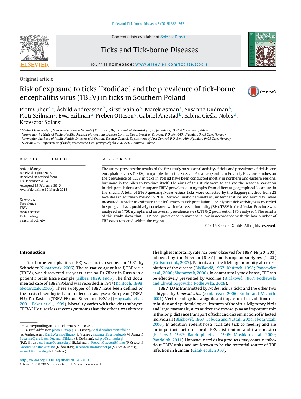 Risk of exposure to ticks (Ixodidae) and the prevalence of tick-borne encephalitis virus (TBEV) in ticks in Southern Poland