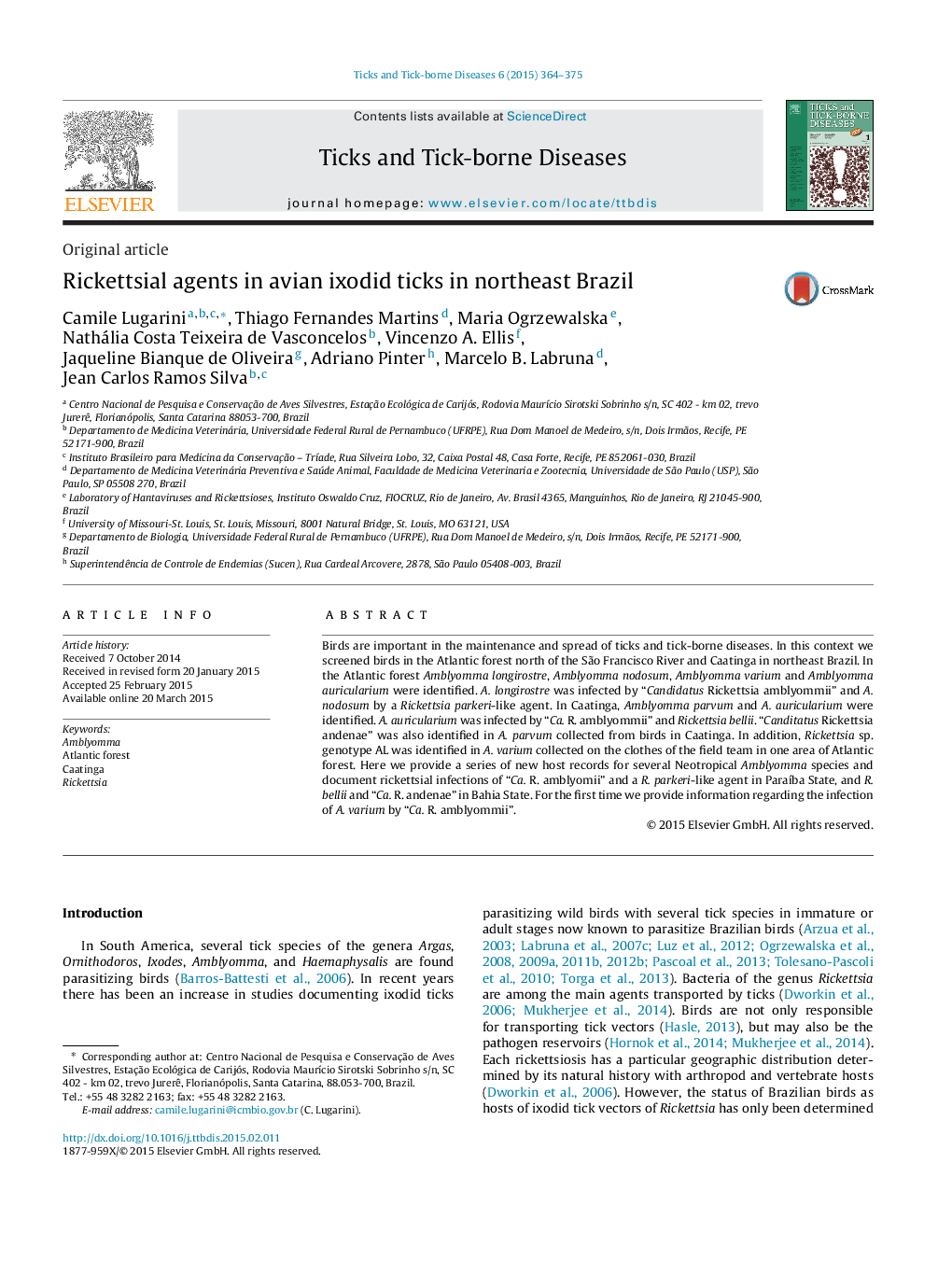 Rickettsial agents in avian ixodid ticks in northeast Brazil