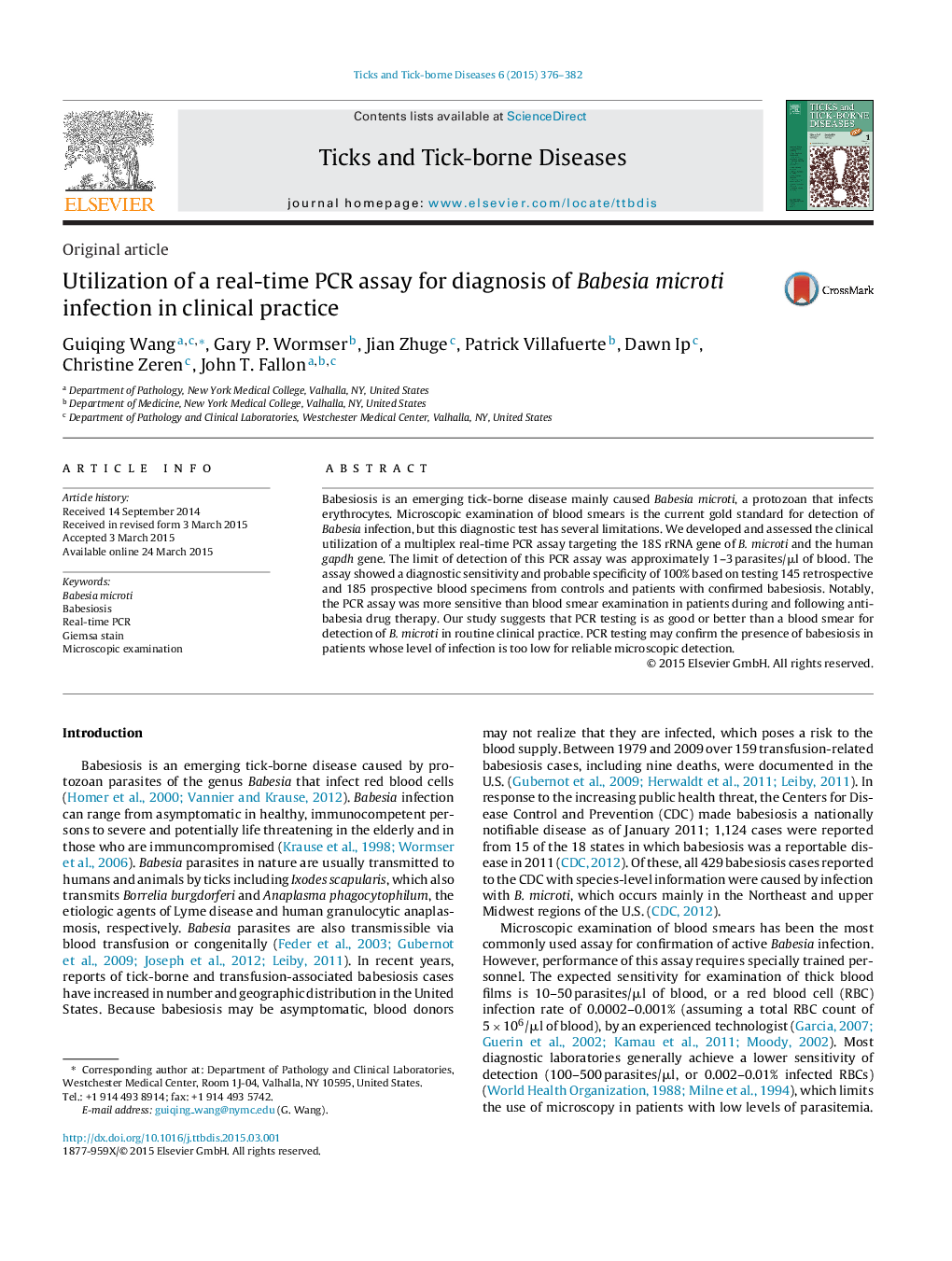 Utilization of a real-time PCR assay for diagnosis of Babesia microti infection in clinical practice