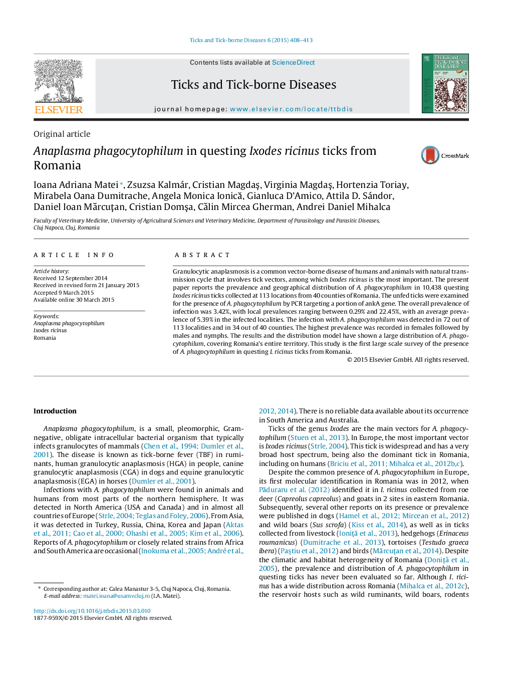 Anaplasma phagocytophilum in questing Ixodes ricinus ticks from Romania