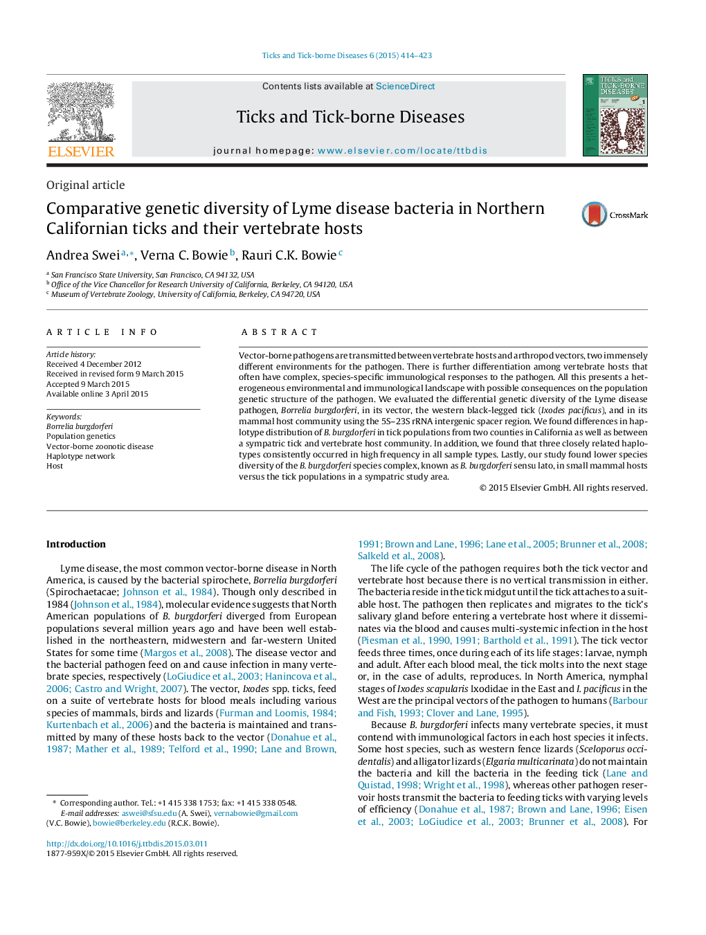 Comparative genetic diversity of Lyme disease bacteria in Northern Californian ticks and their vertebrate hosts