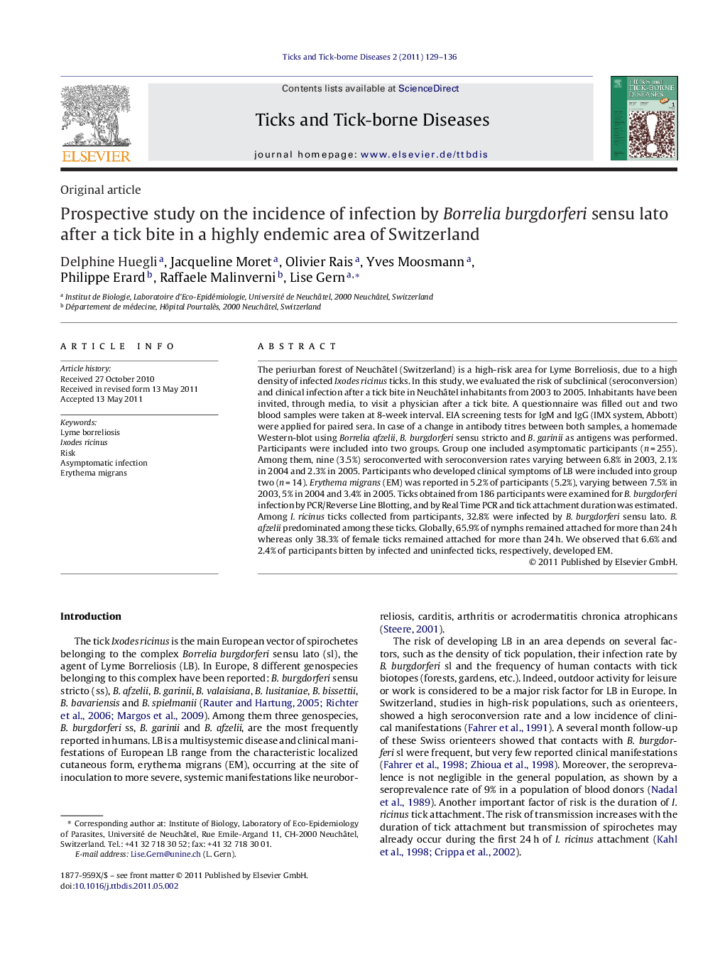 Prospective study on the incidence of infection by Borrelia burgdorferi sensu lato after a tick bite in a highly endemic area of Switzerland