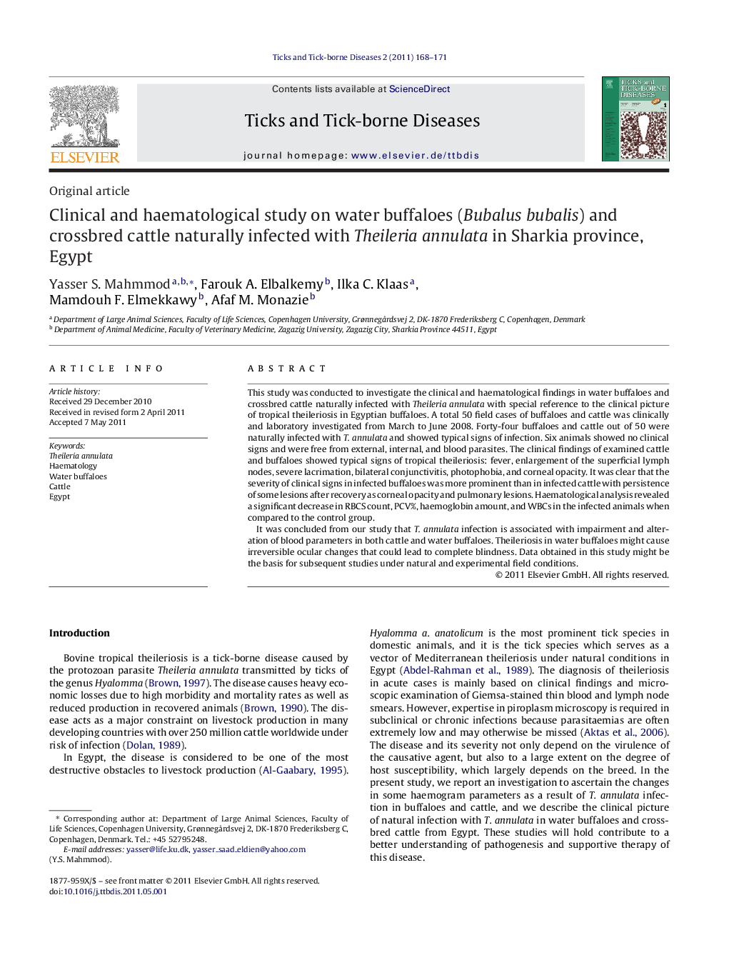 Clinical and haematological study on water buffaloes (Bubalus bubalis) and crossbred cattle naturally infected with Theileria annulata in Sharkia province, Egypt