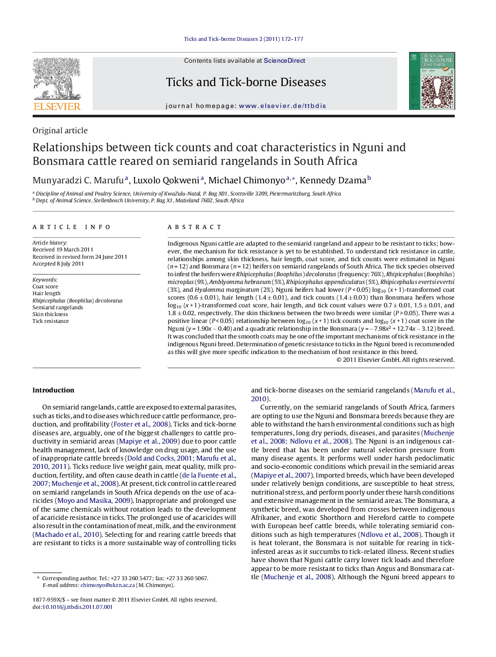 Relationships between tick counts and coat characteristics in Nguni and Bonsmara cattle reared on semiarid rangelands in South Africa