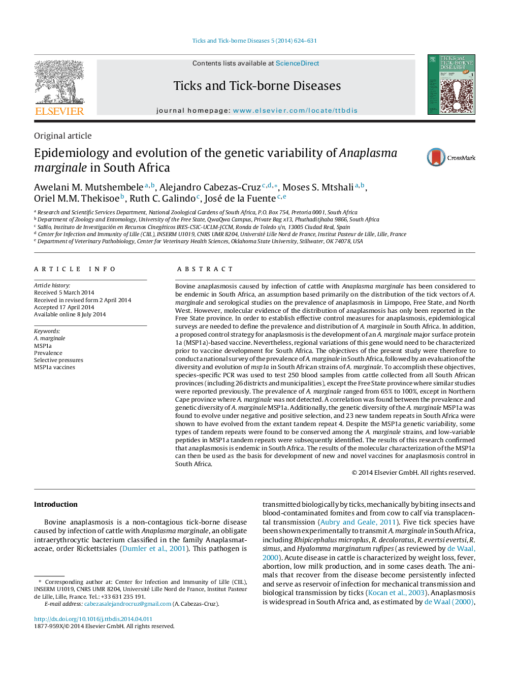 Epidemiology and evolution of the genetic variability of Anaplasma marginale in South Africa