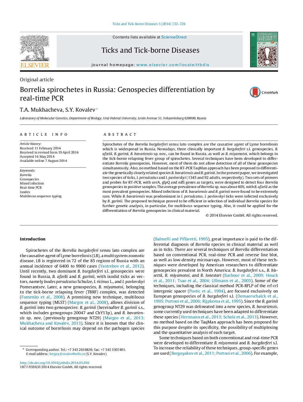 Borrelia spirochetes in Russia: Genospecies differentiation by real-time PCR