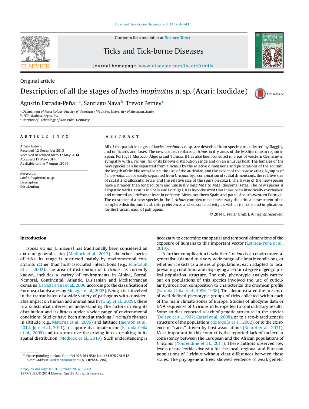 Description of all the stages of Ixodes inopinatus n. sp. (Acari: Ixodidae)