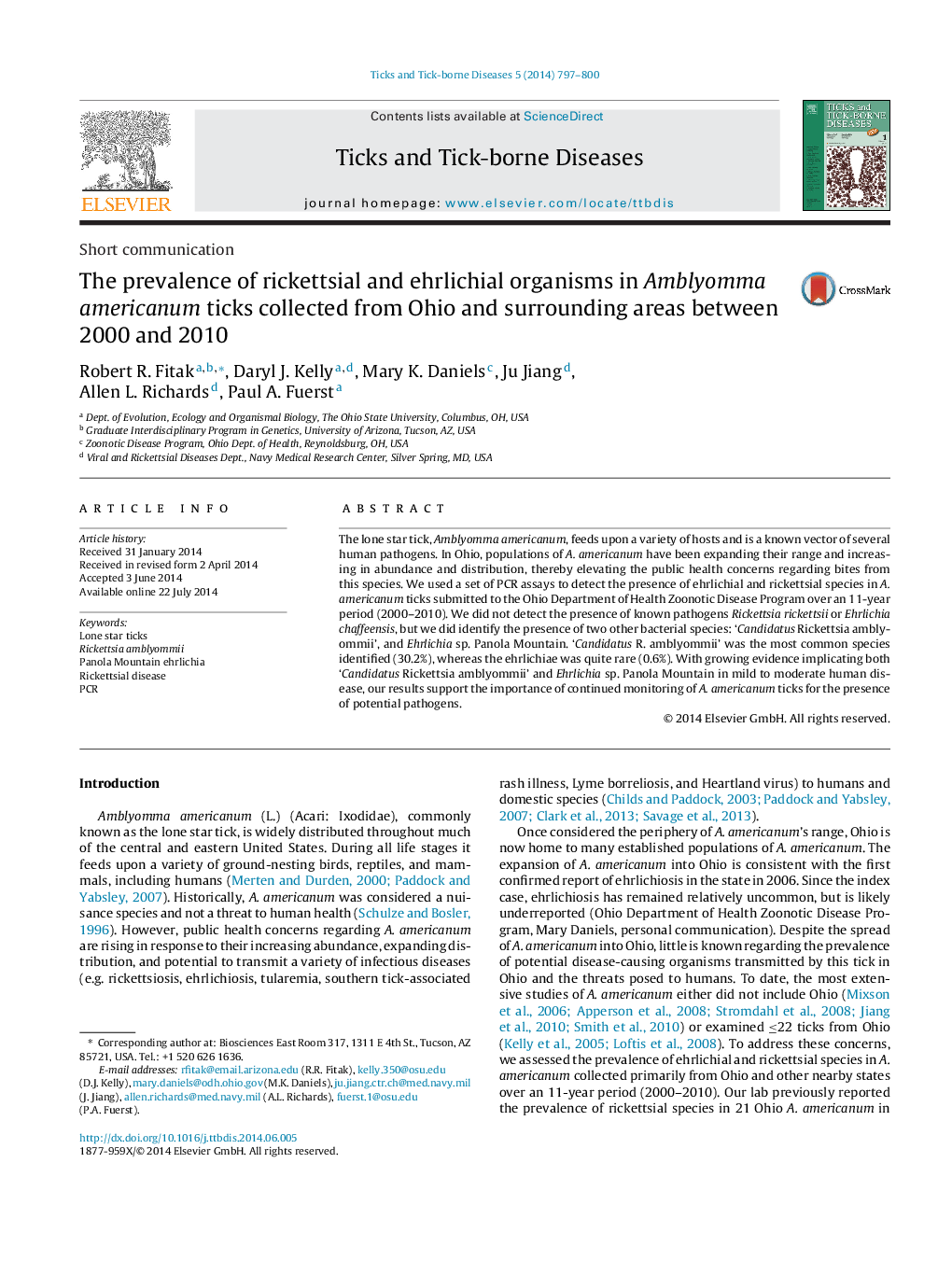 The prevalence of rickettsial and ehrlichial organisms in Amblyomma americanum ticks collected from Ohio and surrounding areas between 2000 and 2010