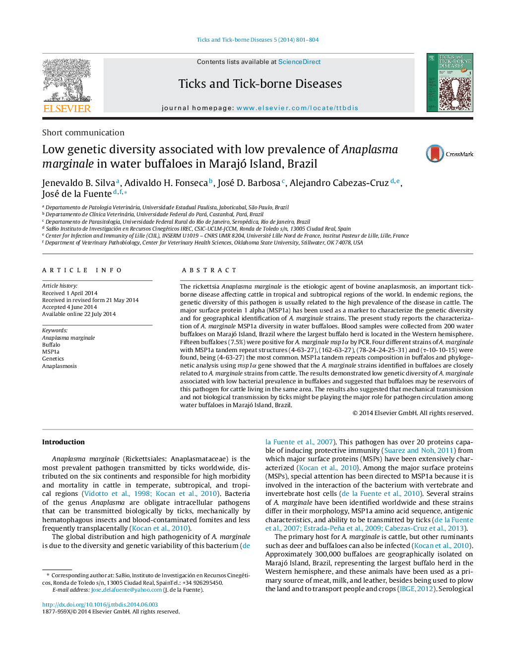 Low genetic diversity associated with low prevalence of Anaplasma marginale in water buffaloes in Marajó Island, Brazil