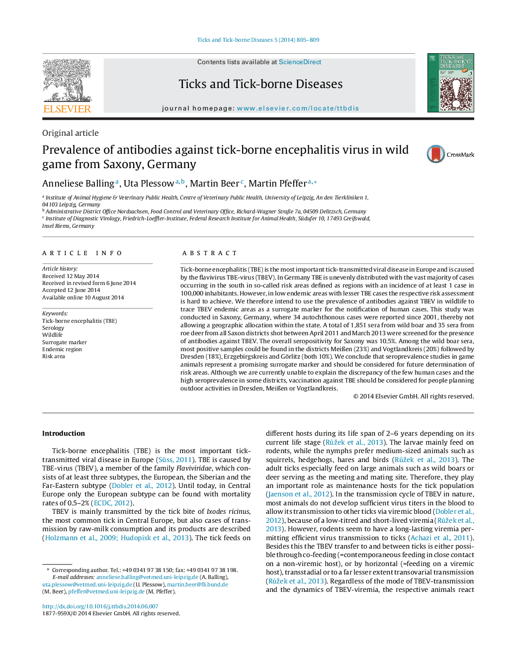 Prevalence of antibodies against tick-borne encephalitis virus in wild game from Saxony, Germany