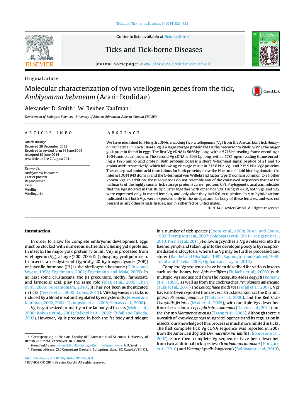 Molecular characterization of two vitellogenin genes from the tick, Amblyomma hebraeum (Acari: Ixodidae)