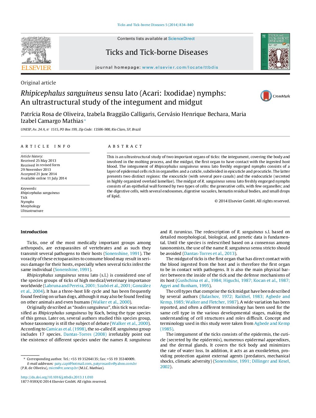 Rhipicephalus sanguineus sensu lato (Acari: Ixodidae) nymphs: An ultrastructural study of the integument and midgut