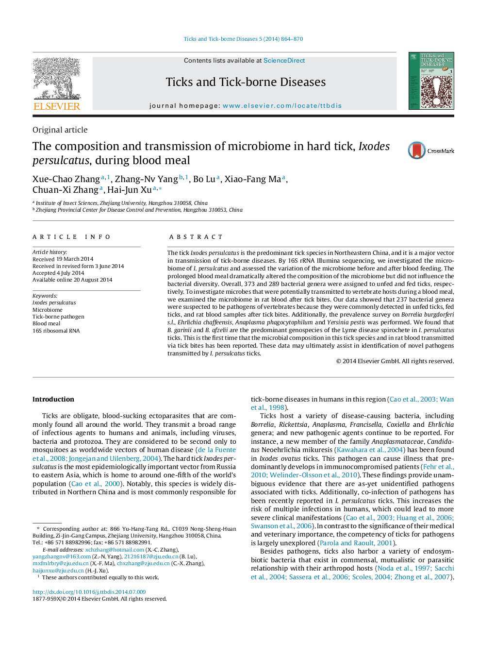 The composition and transmission of microbiome in hard tick, Ixodes persulcatus, during blood meal