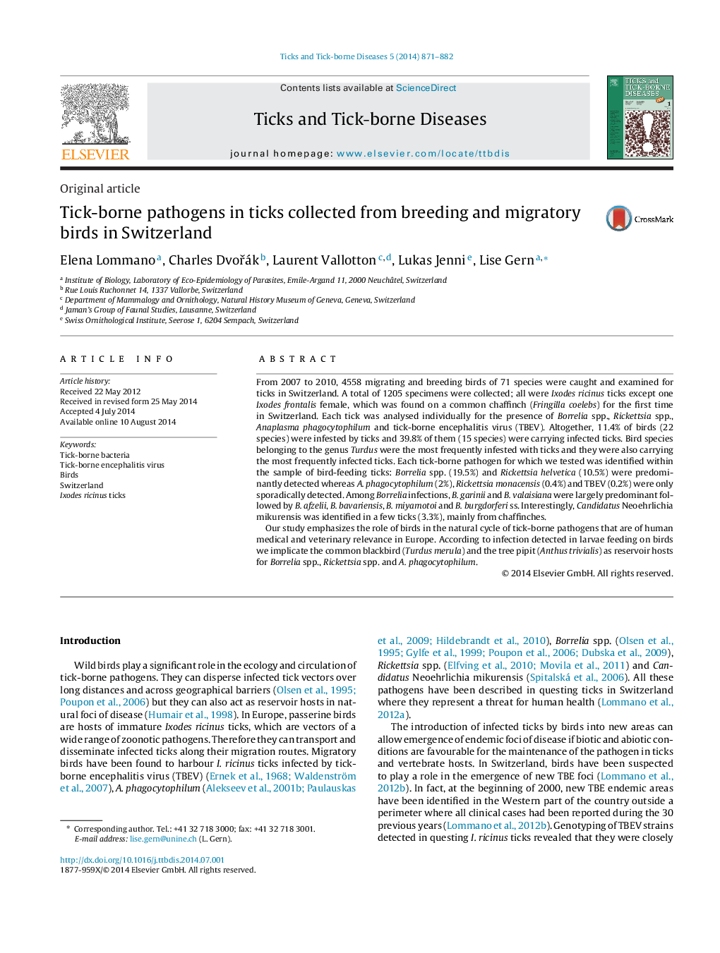 Tick-borne pathogens in ticks collected from breeding and migratory birds in Switzerland