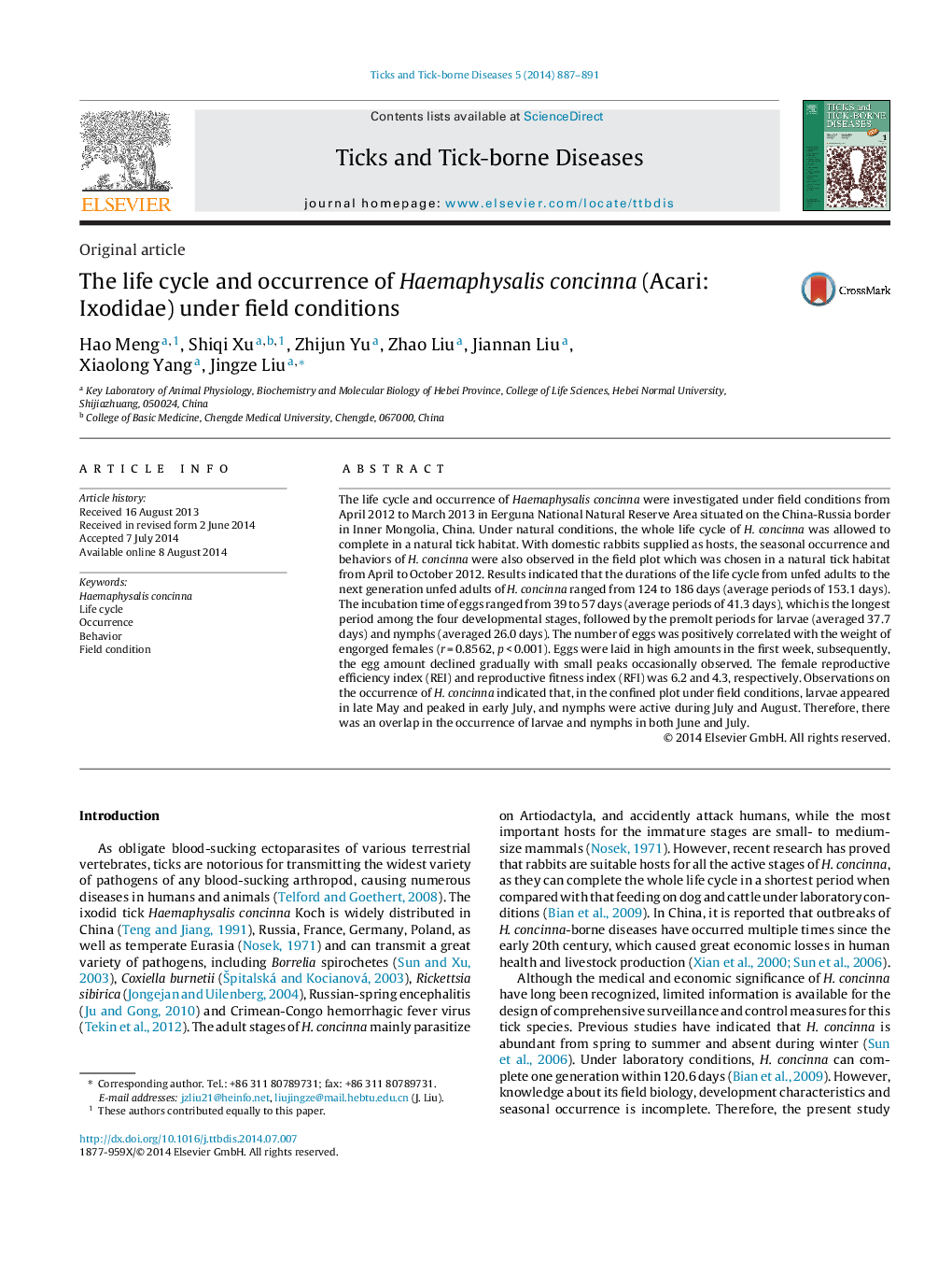 The life cycle and occurrence of Haemaphysalis concinna (Acari: Ixodidae) under field conditions