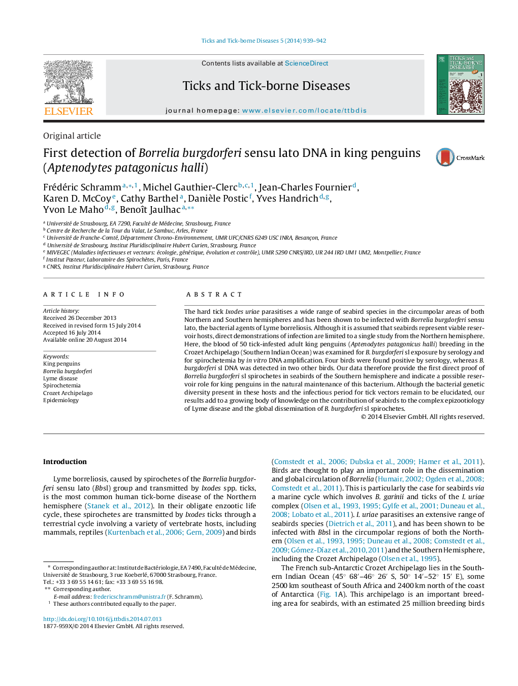 First detection of Borrelia burgdorferi sensu lato DNA in king penguins (Aptenodytes patagonicus halli)