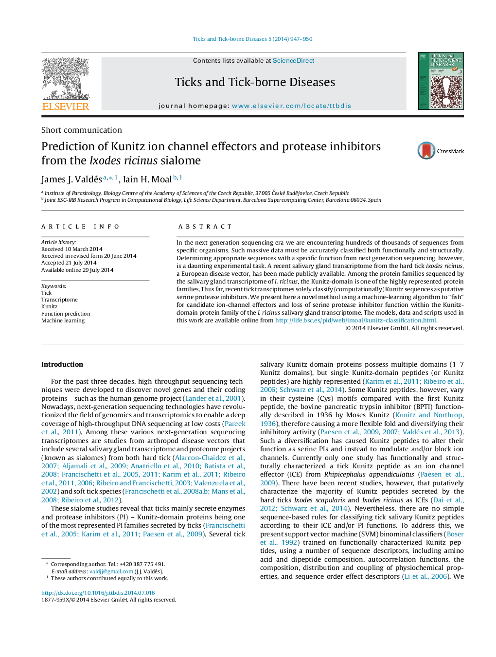 Prediction of Kunitz ion channel effectors and protease inhibitors from the Ixodes ricinus sialome