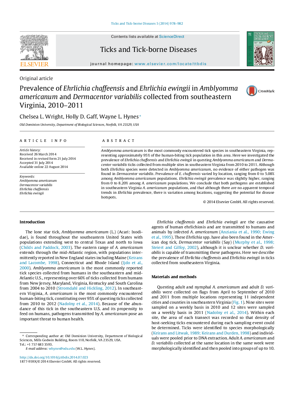 Prevalence of Ehrlichia chaffeensis and Ehrlichia ewingii in Amblyomma americanum and Dermacentor variabilis collected from southeastern Virginia, 2010–2011